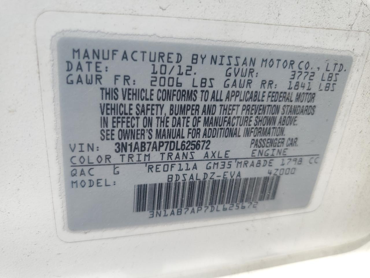 2013 Nissan Sentra S VIN: 3N1AB7AP7DL625672 Lot: 62276445