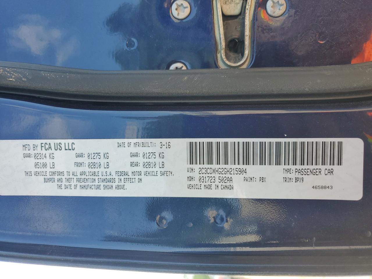 2016 Dodge Charger Sxt VIN: 2C3CDXHG2GH215904 Lot: 71970905