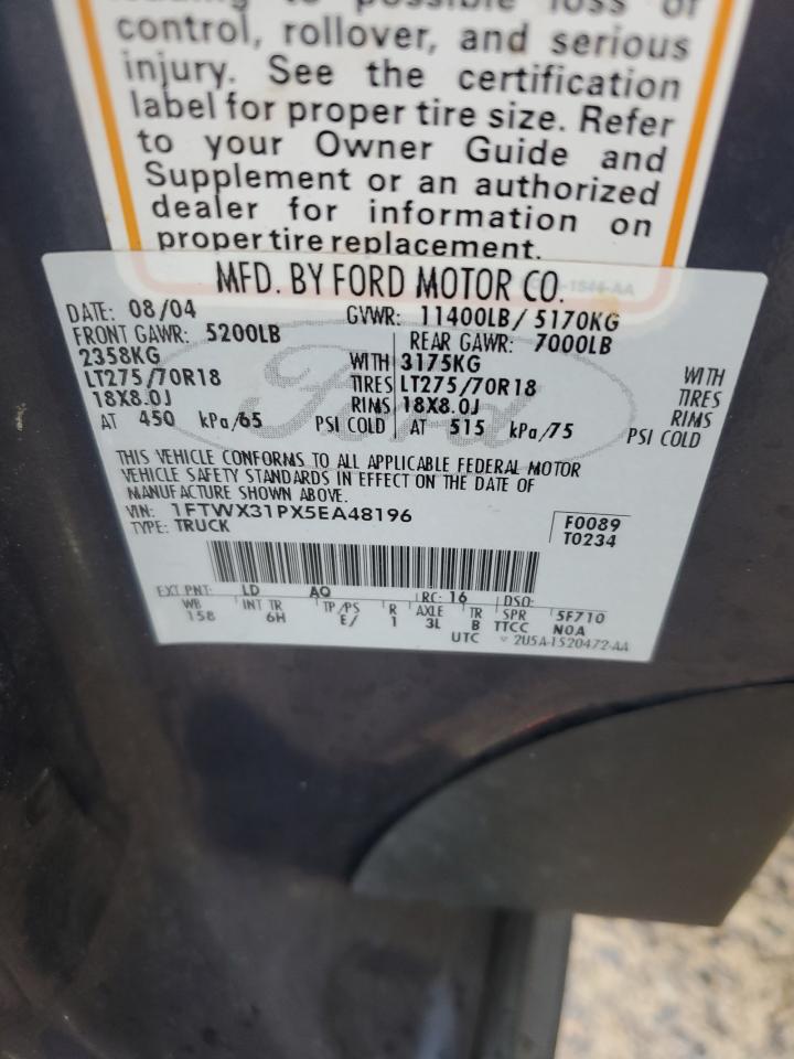 2005 Ford F350 Srw Super Duty VIN: 1FTWX31PX5EA48196 Lot: 63113195