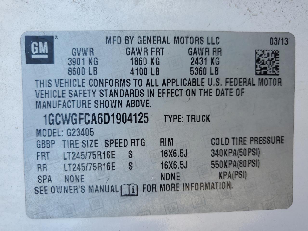 2013 Chevrolet Express G2500 VIN: 1GCWGFCA6D1904125 Lot: 60139375