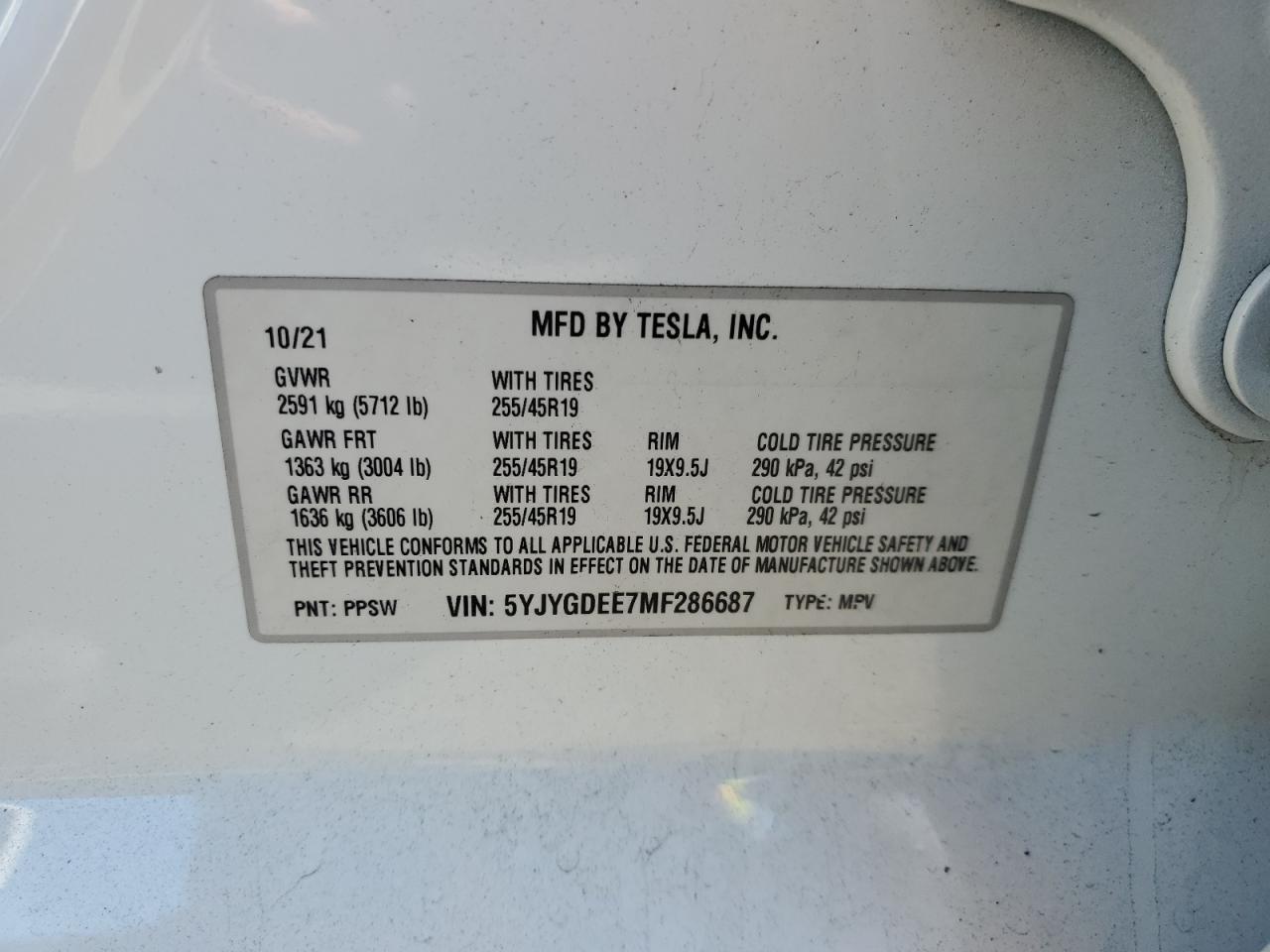 2021 Tesla Model Y VIN: 5YJYGDEE7MF286687 Lot: 62786395