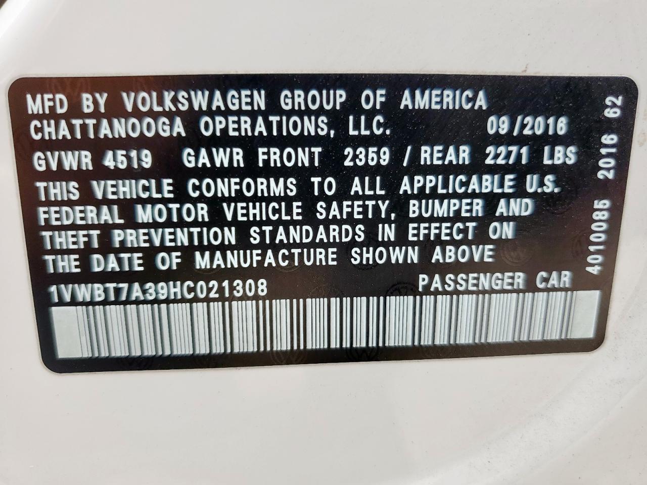 2017 Volkswagen Passat Se VIN: 1VWBT7A39HC021308 Lot: 62589995