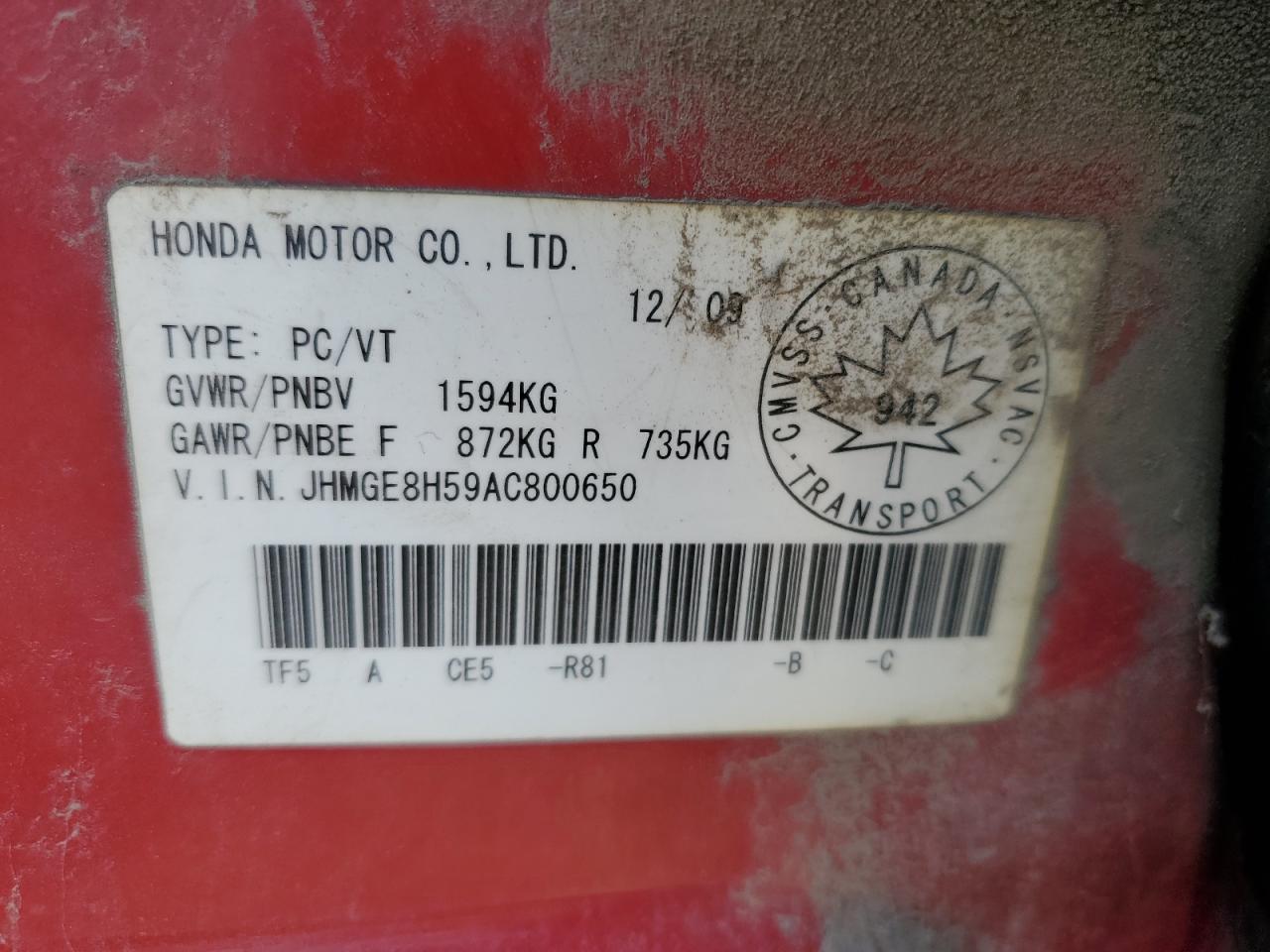 2010 Honda Fit Lx VIN: JHMGE8H59AC800650 Lot: 60332915