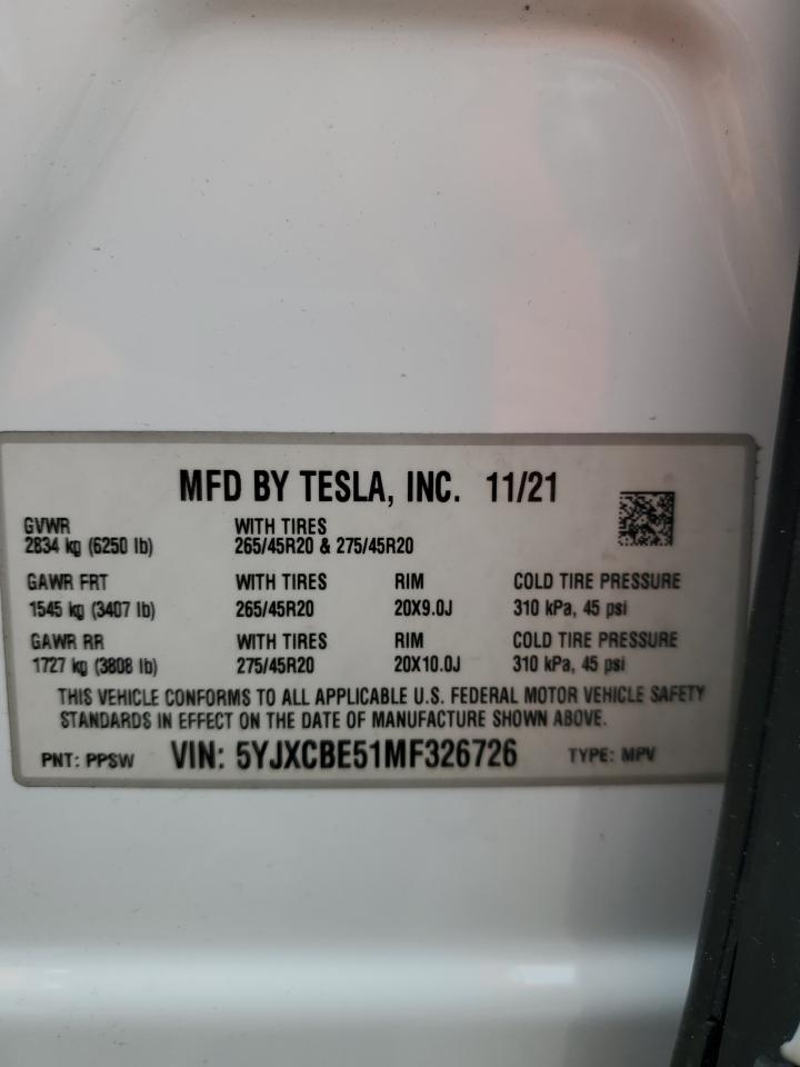 2021 Tesla Model X VIN: 5YJXCBE51MF326276 Lot: 62236115