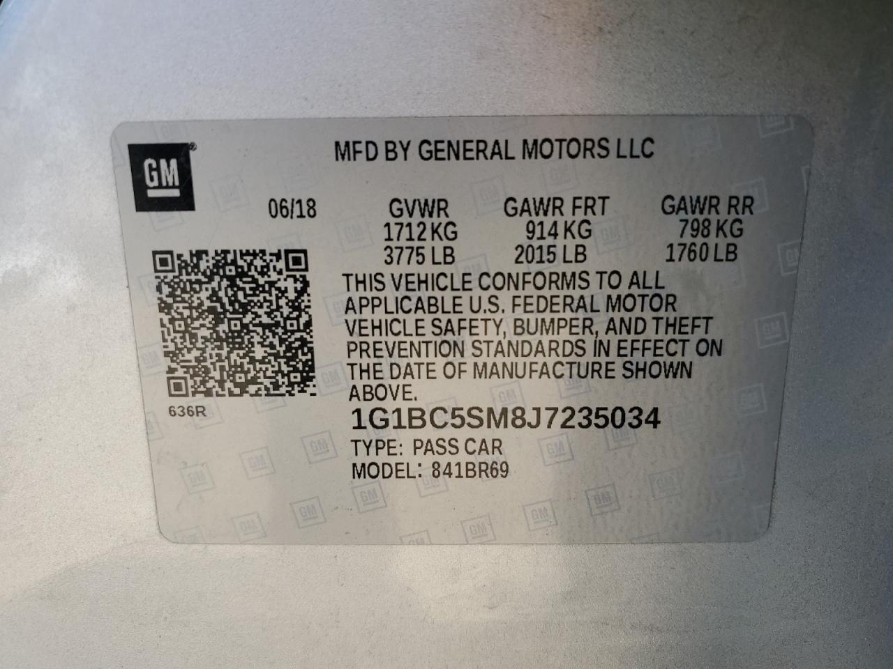 2018 Chevrolet Cruze Ls VIN: 1G1BC5SM8J7235034 Lot: 62523165