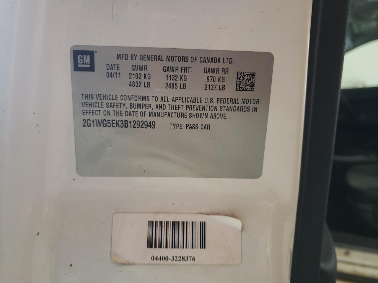 2011 Chevrolet Impala Lt VIN: 2G1WG5EK3B1292949 Lot: 60903515