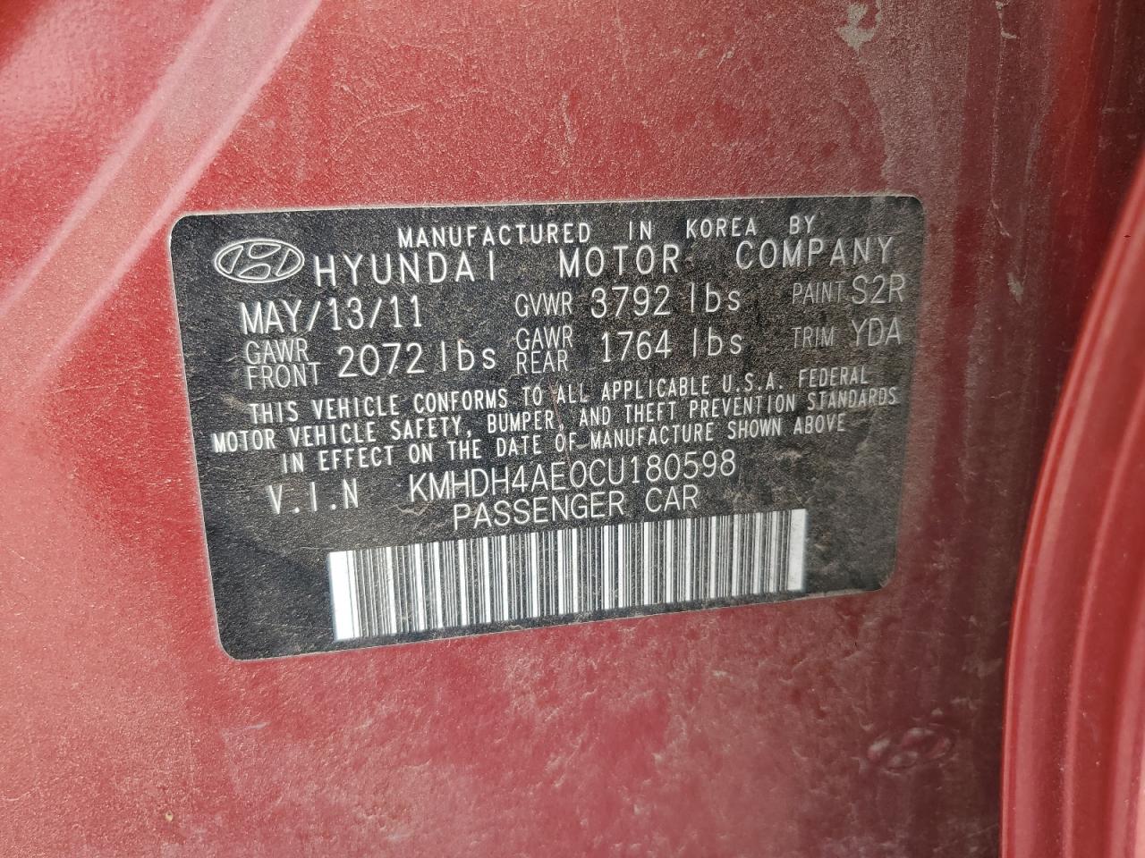 2012 Hyundai Elantra Gls VIN: KMHDH4AE0CU180598 Lot: 60310805