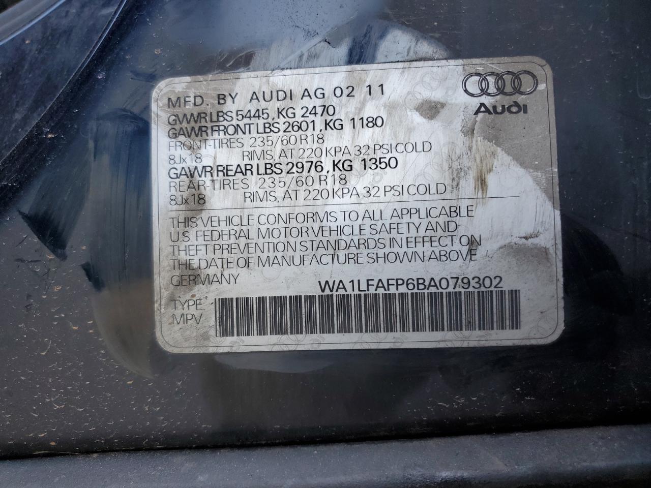 2011 Audi Q5 Premium Plus VIN: WA1LFAFP6BA079302 Lot: 61946585