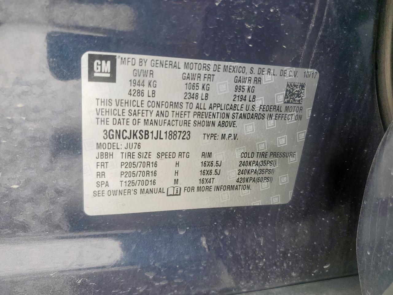 2018 Chevrolet Trax Ls VIN: 3GNCJKSB1JL188723 Lot: 81680945