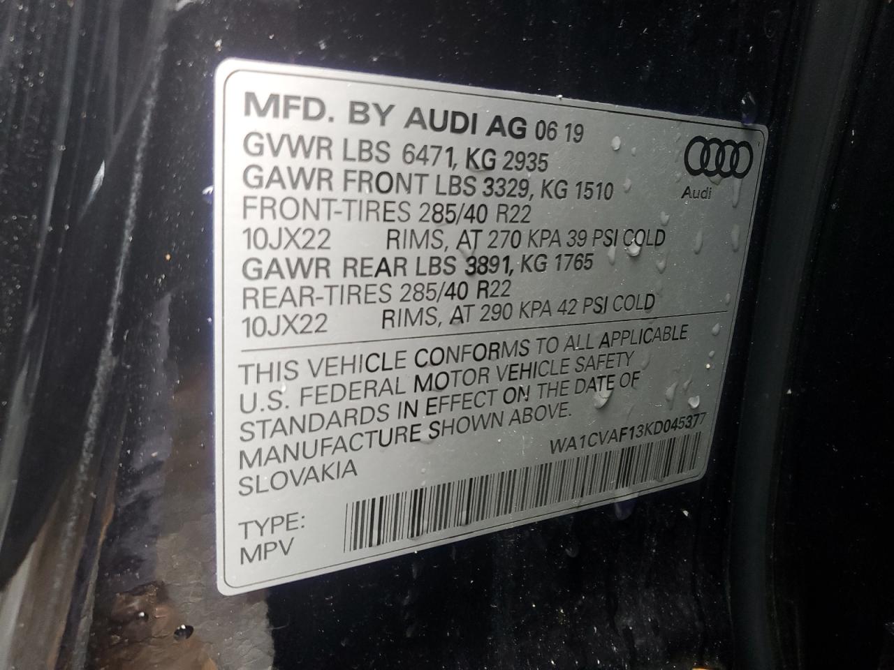 2019 Audi Q8 Prestige VIN: WA1CVAF13KD045377 Lot: 57900525
