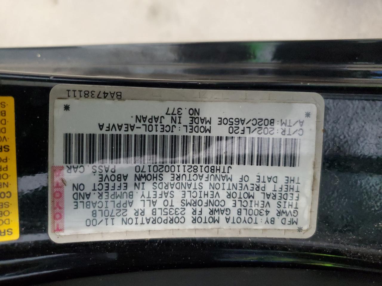2001 Lexus Is 300 VIN: JTHBD182110020170 Lot: 61639145