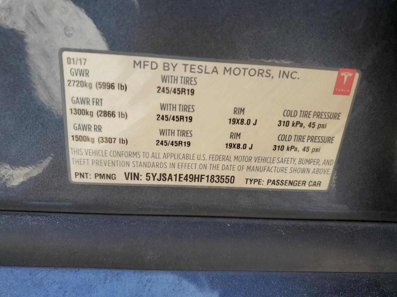 2017 Tesla Model S VIN: 5YJSA1E49HF183550 Lot: 61077225