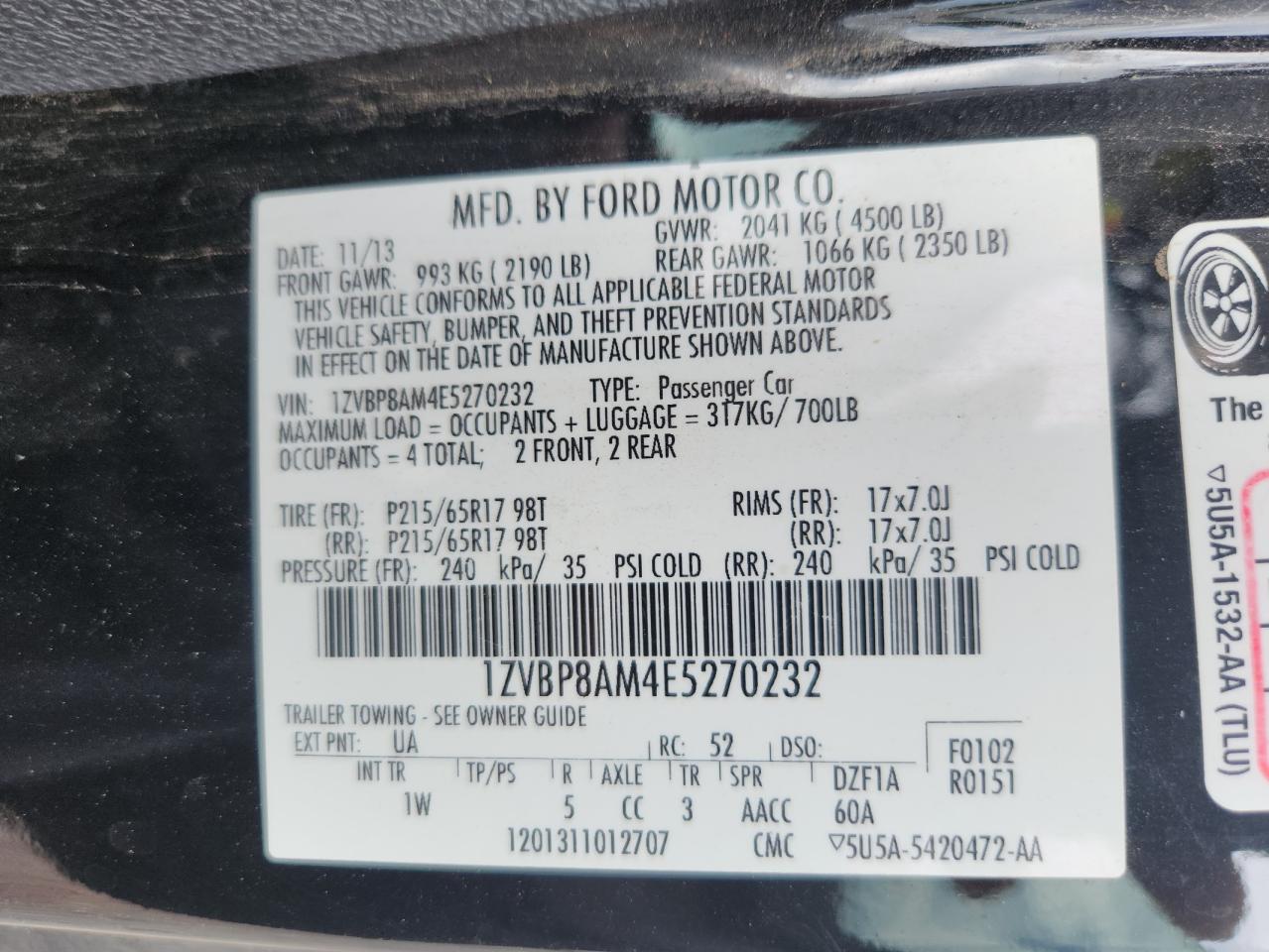 2014 Ford Mustang VIN: 1ZVBP8AM4E5270232 Lot: 62913155