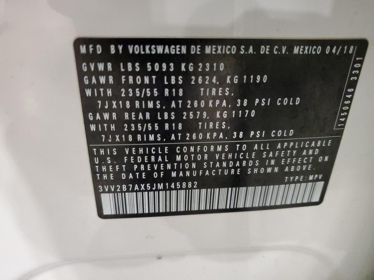 2018 Volkswagen Tiguan Se VIN: 3VV2B7AX5JM145882 Lot: 61711635