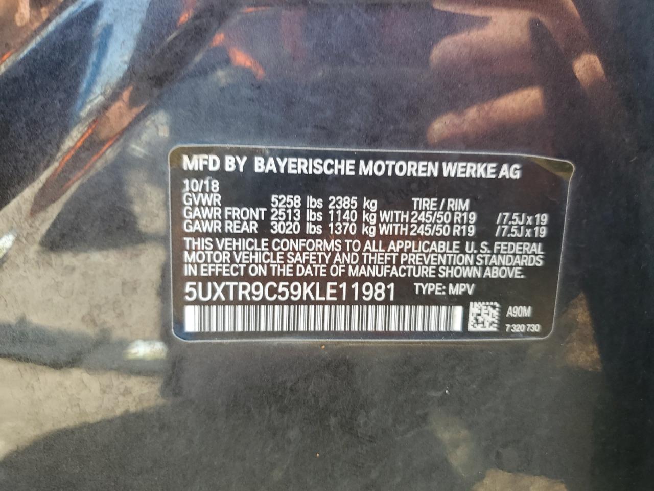 2019 BMW X3 xDrive30I VIN: 5UXTR9C59KLE11981 Lot: 62272195
