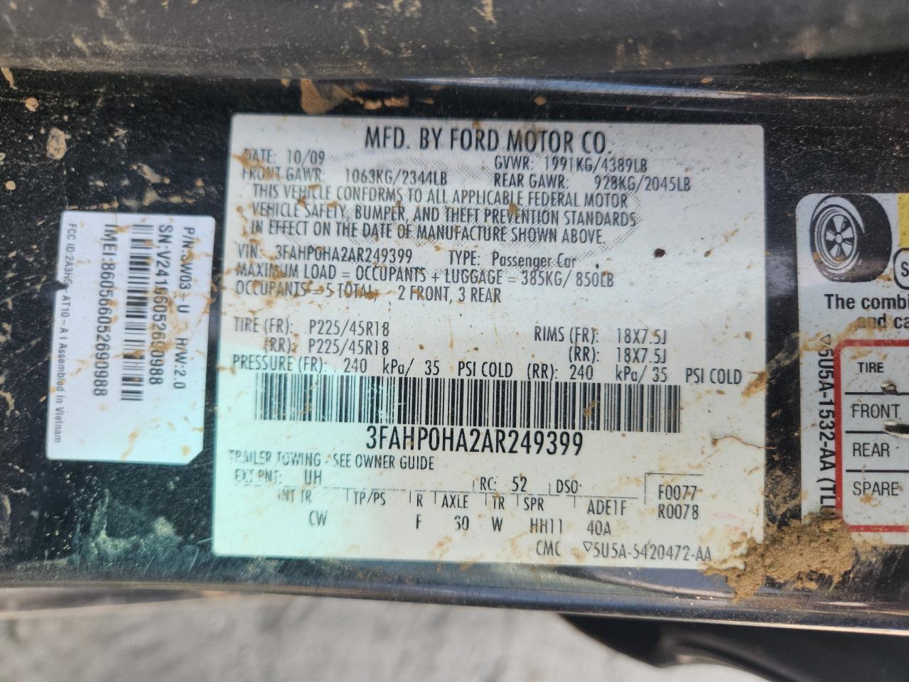 2010 Ford Fusion Se VIN: 3FAHP0HA2AR249399 Lot: 80843775