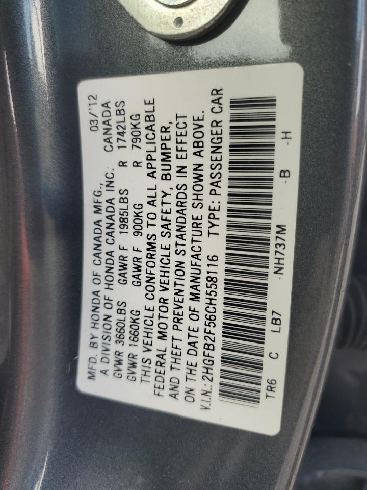 2012 Honda Civic Lx VIN: 2HGFB2F56CH558116 Lot: 62481785