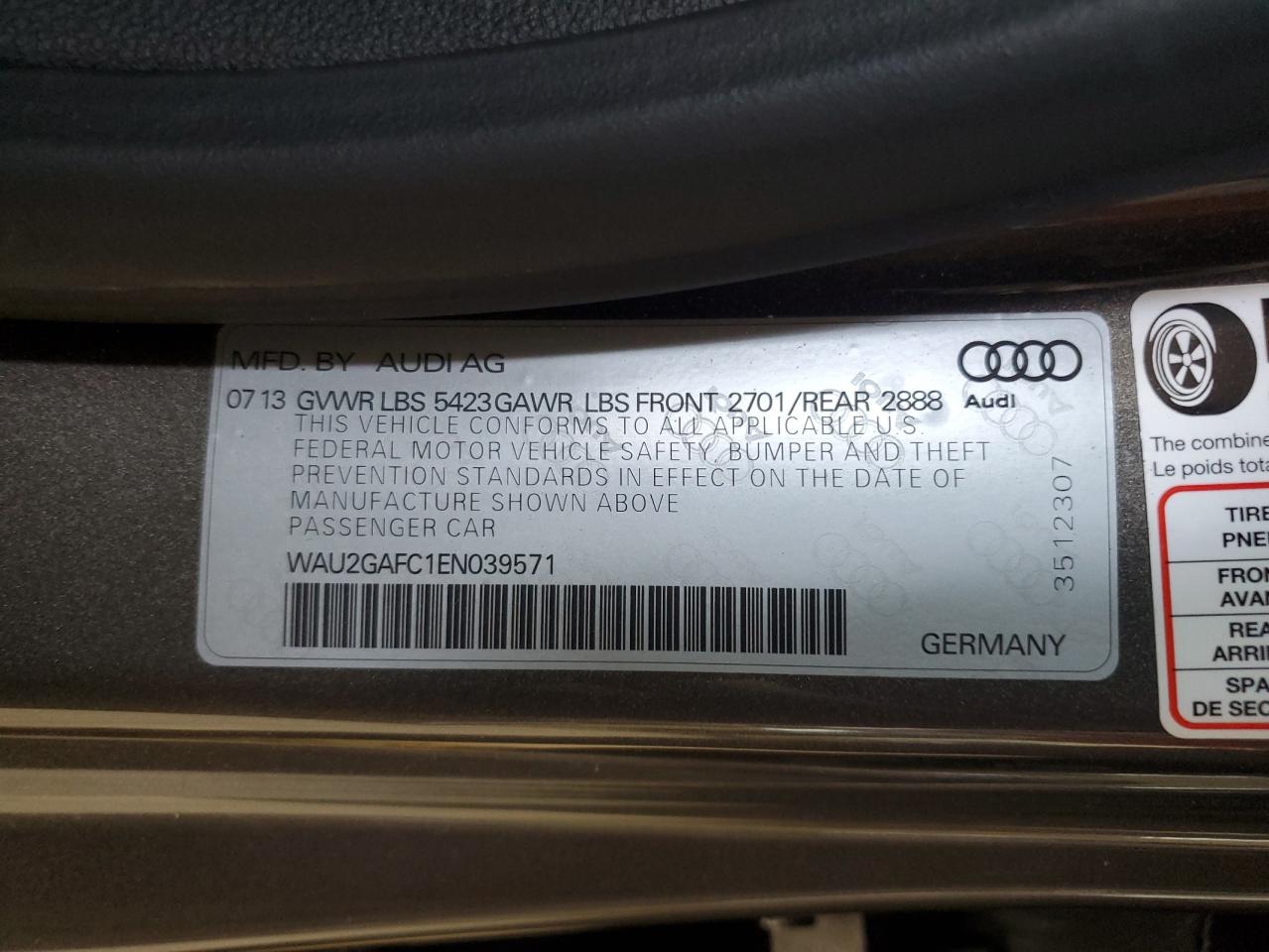 2014 Audi A7 Prestige VIN: WAU2GAFC1EN039571 Lot: 61899405