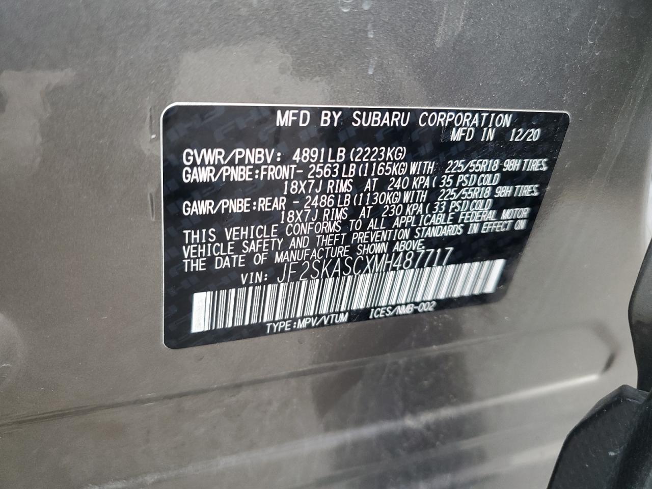2021 Subaru Forester Limited VIN: JF2SKASCXMH487717 Lot: 59880205