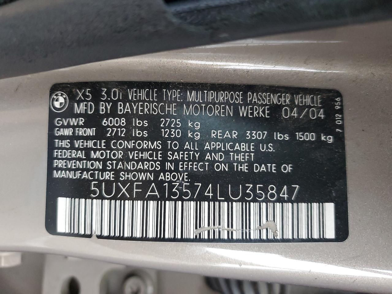 2004 BMW X5 3.0I VIN: 5UXFA13574LU35847 Lot: 60928145