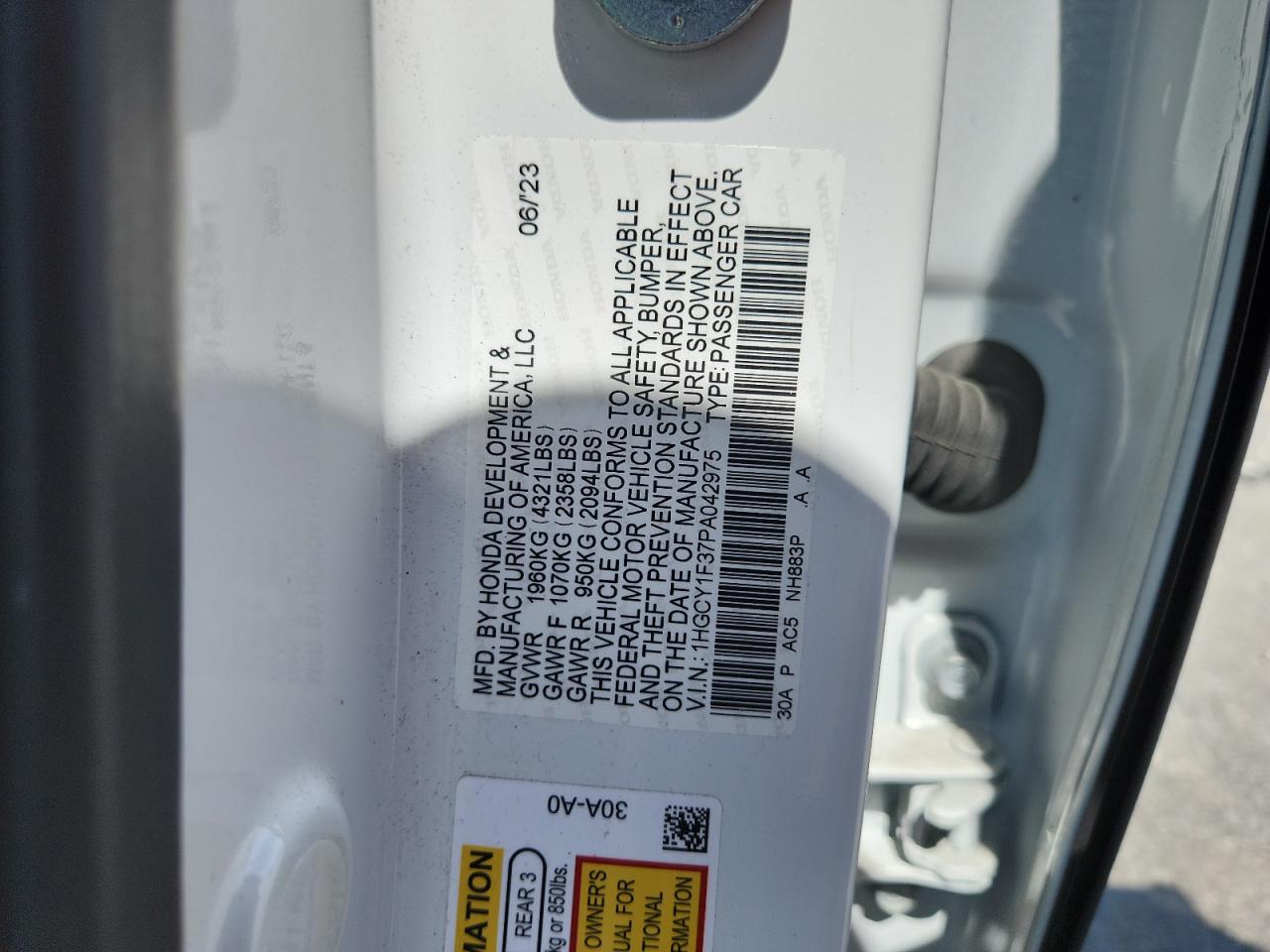 2023 Honda Accord Ex VIN: 1HGCY1F37PA042975 Lot: 62839535