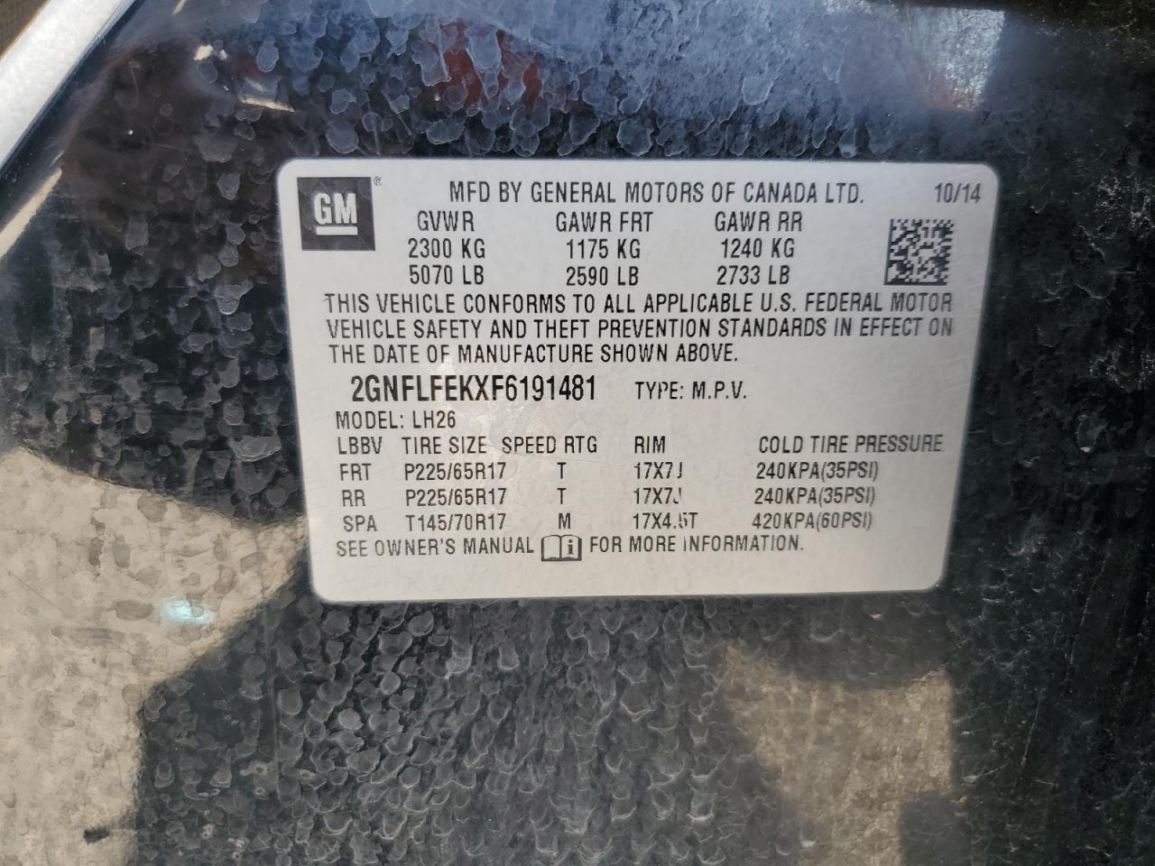 2015 Chevrolet Equinox Lt VIN: 2GNFLFEKXF6191481 Lot: 58865795