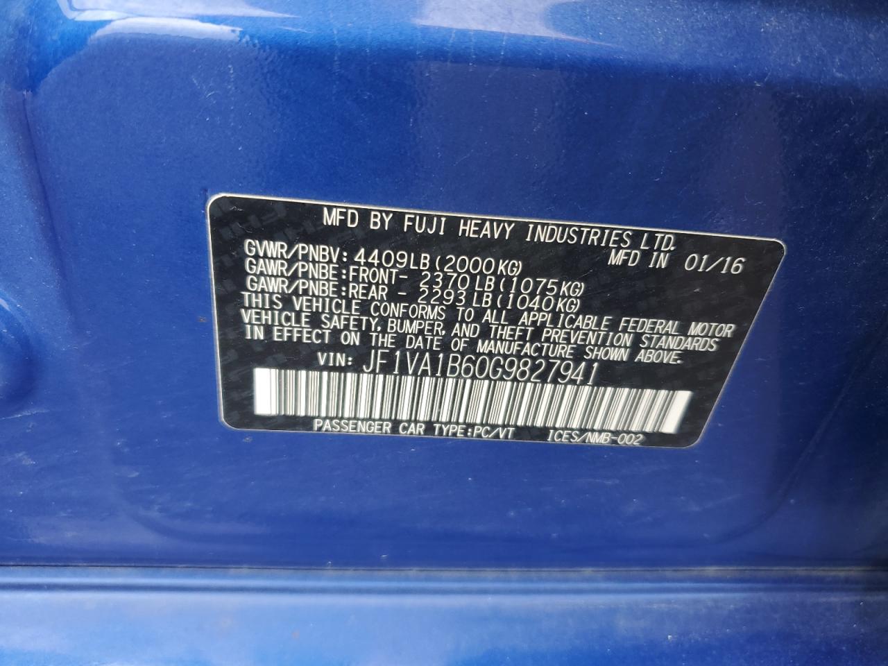 2016 Subaru Wrx VIN: JF1VA1B60G9827941 Lot: 62927515