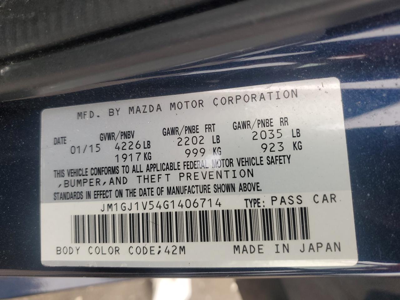 2016 Mazda 6 Touring VIN: JM1GJ1V54G1406714 Lot: 62750505