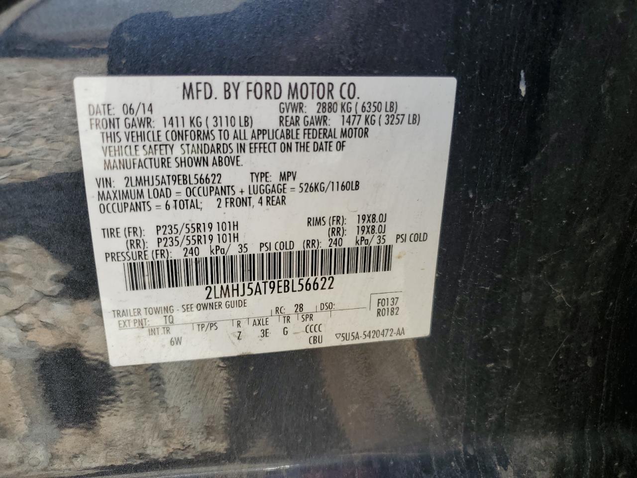 2014 Lincoln Mkt VIN: 2LMHJ5AT9EBL56622 Lot: 62077305