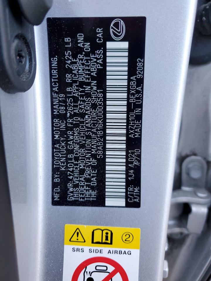 2019 Lexus Es 300H VIN: 58AB21B16KU003581 Lot: 61678515