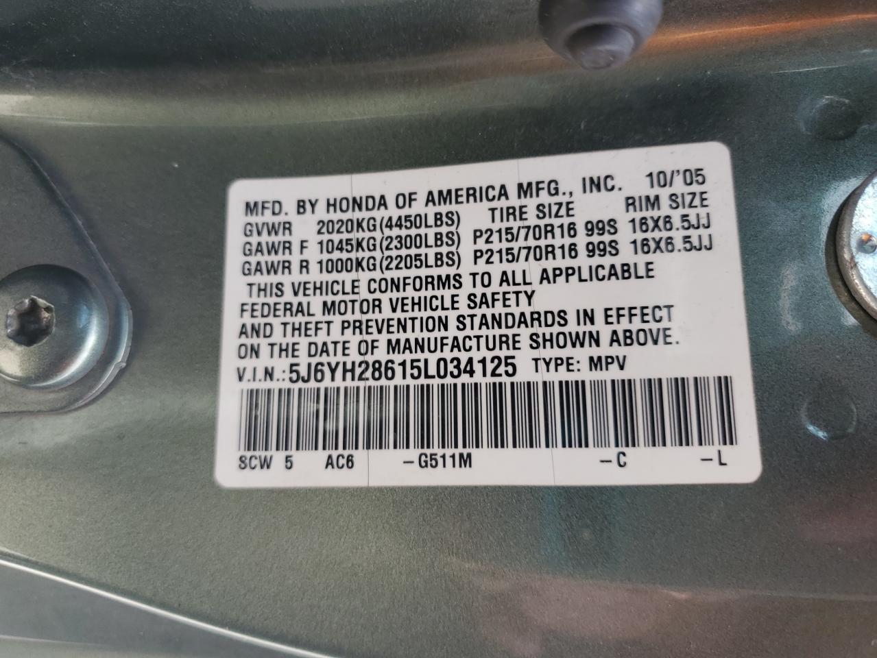 2005 Honda Element Ex VIN: 5J6YH28615L034125 Lot: 61786785