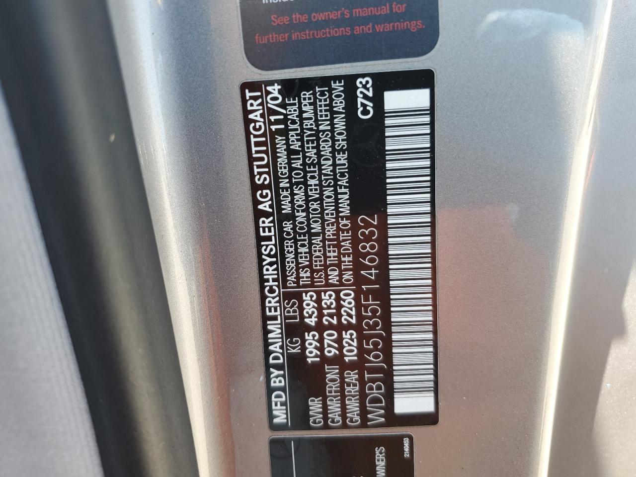 2005 Mercedes-Benz Clk 320C VIN: WDBTJ65J35F146832 Lot: 61853975