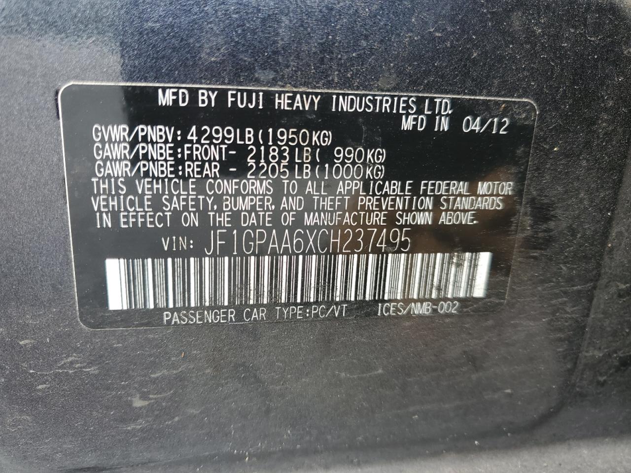 SUBARU IMPREZA 2012 VIN JF1GPAA6XCH237495 photo 12
