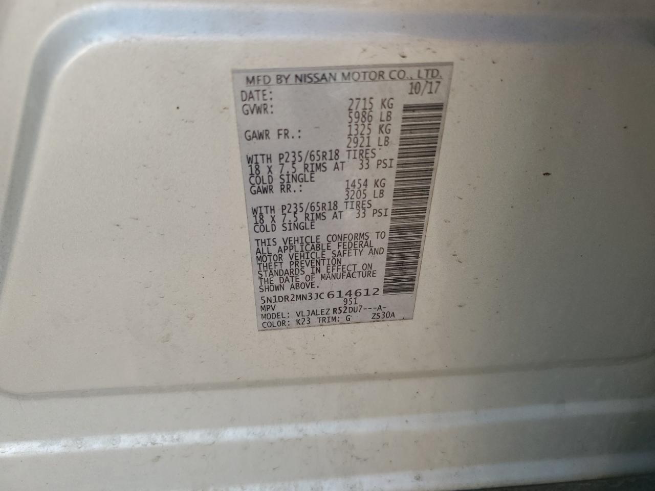 2018 Nissan Pathfinder S VIN: 5N1DR2MN3JC614612 Lot: 62236595