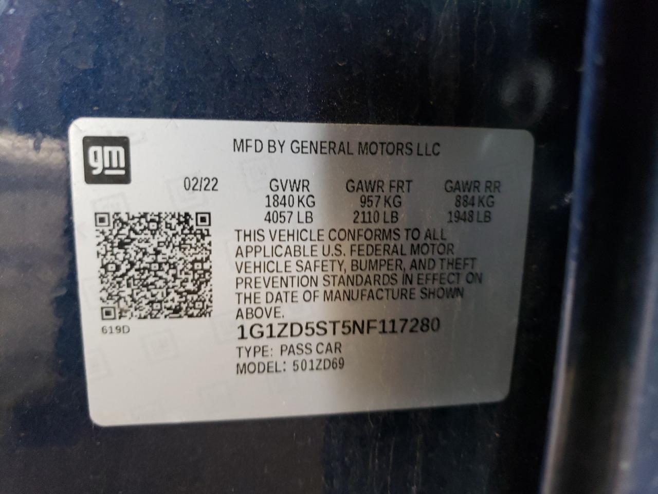 2022 Chevrolet Malibu Lt VIN: 1G1ZD5ST5NF117280 Lot: 61646875