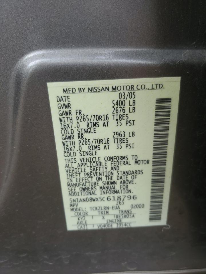 2005 Nissan Xterra Off Road VIN: 5N1AN08WX5C618796 Lot: 62302295