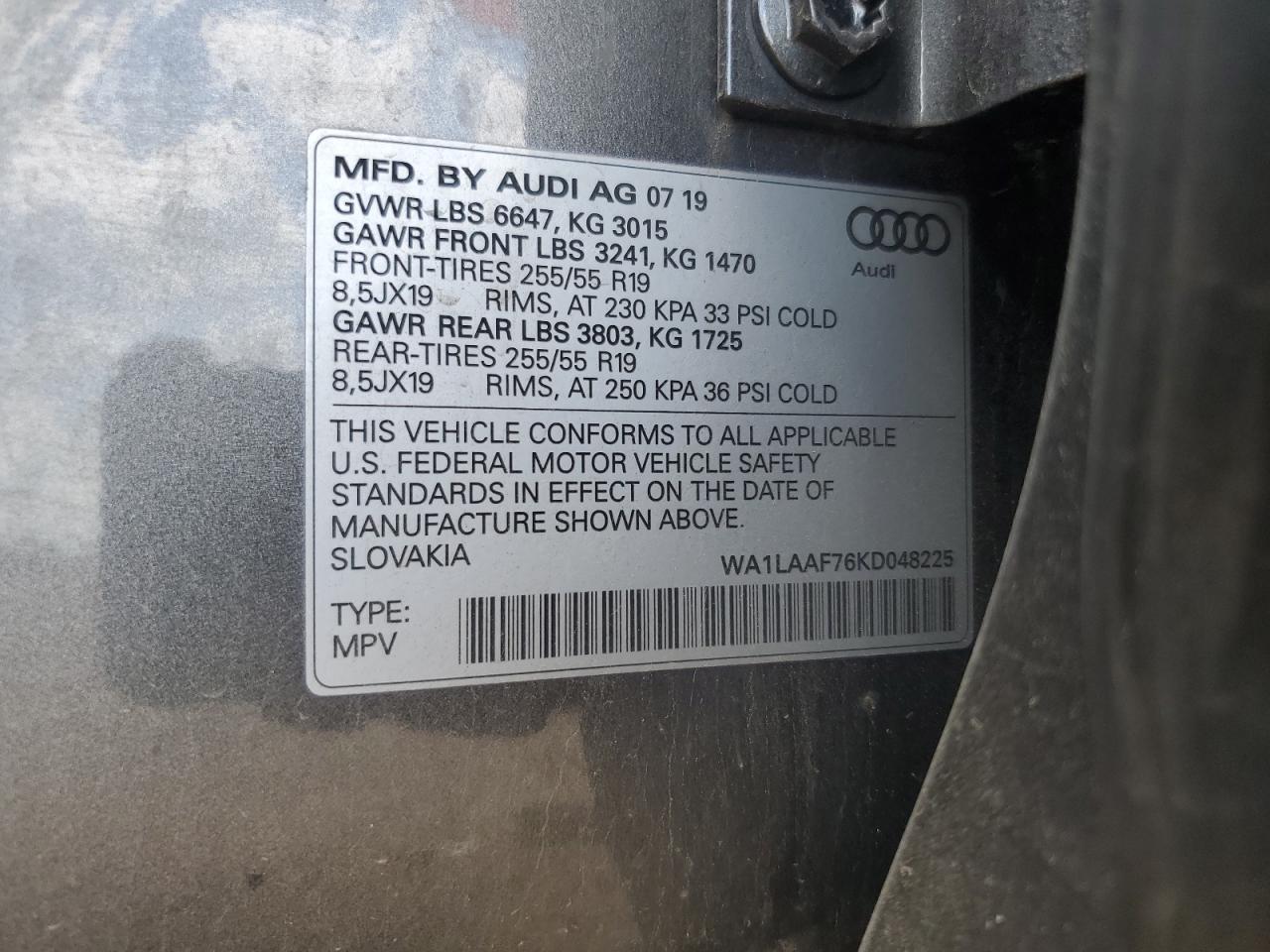 2019 Audi Q7 Premium Plus VIN: WA1LAAF76KD048225 Lot: 62691095