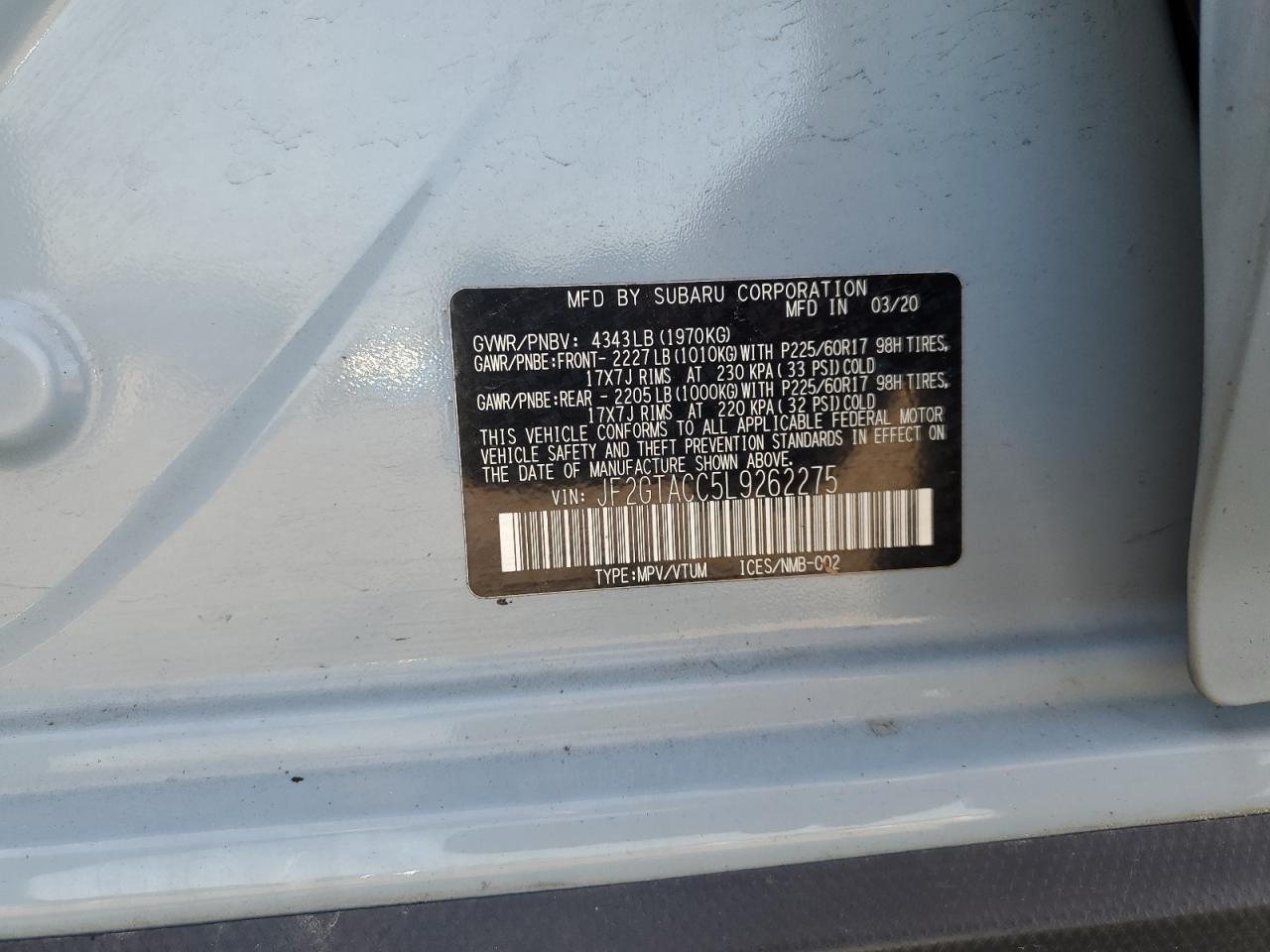 2020 Subaru Crosstrek Premium VIN: JF2GTACC5L9262275 Lot: 61670385