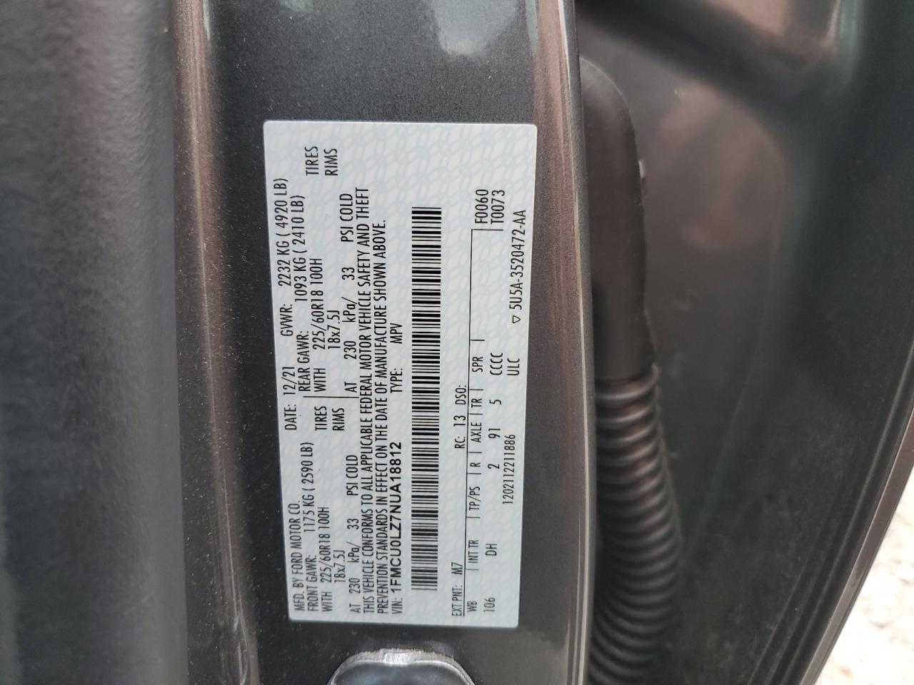 2022 Ford Escape Titanium VIN: 1FMCU0LZ7NUA18812 Lot: 63008725