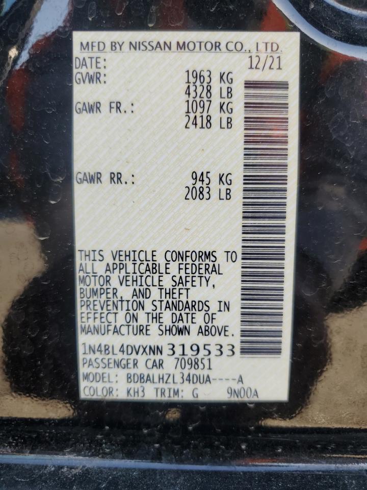 2022 Nissan Altima Sv VIN: 1N4BL4DVXNN319533 Lot: 62962495
