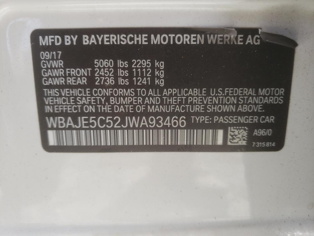 2018 BMW 540 I VIN: WBAJE5C52JWA93466 Lot: 60245435