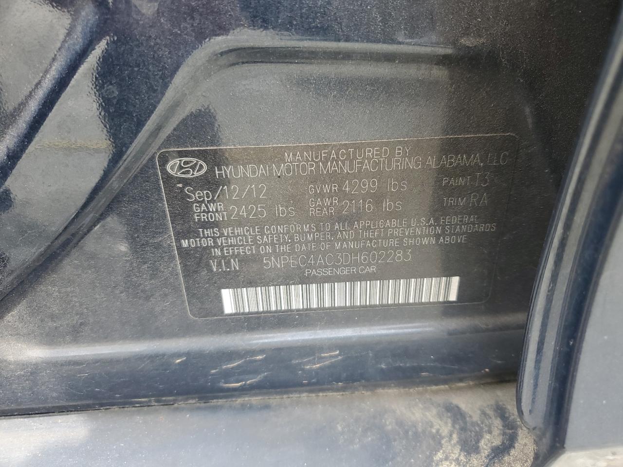 2013 Hyundai Sonata Se VIN: 5NPEC4AC3DH602283 Lot: 60569605