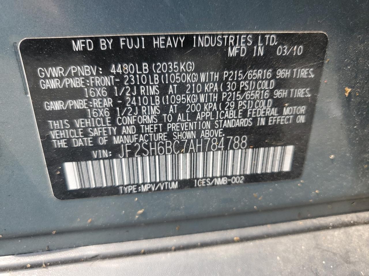 2010 Subaru Forester Xs VIN: JF2SH6BC7AH784788 Lot: 62945675