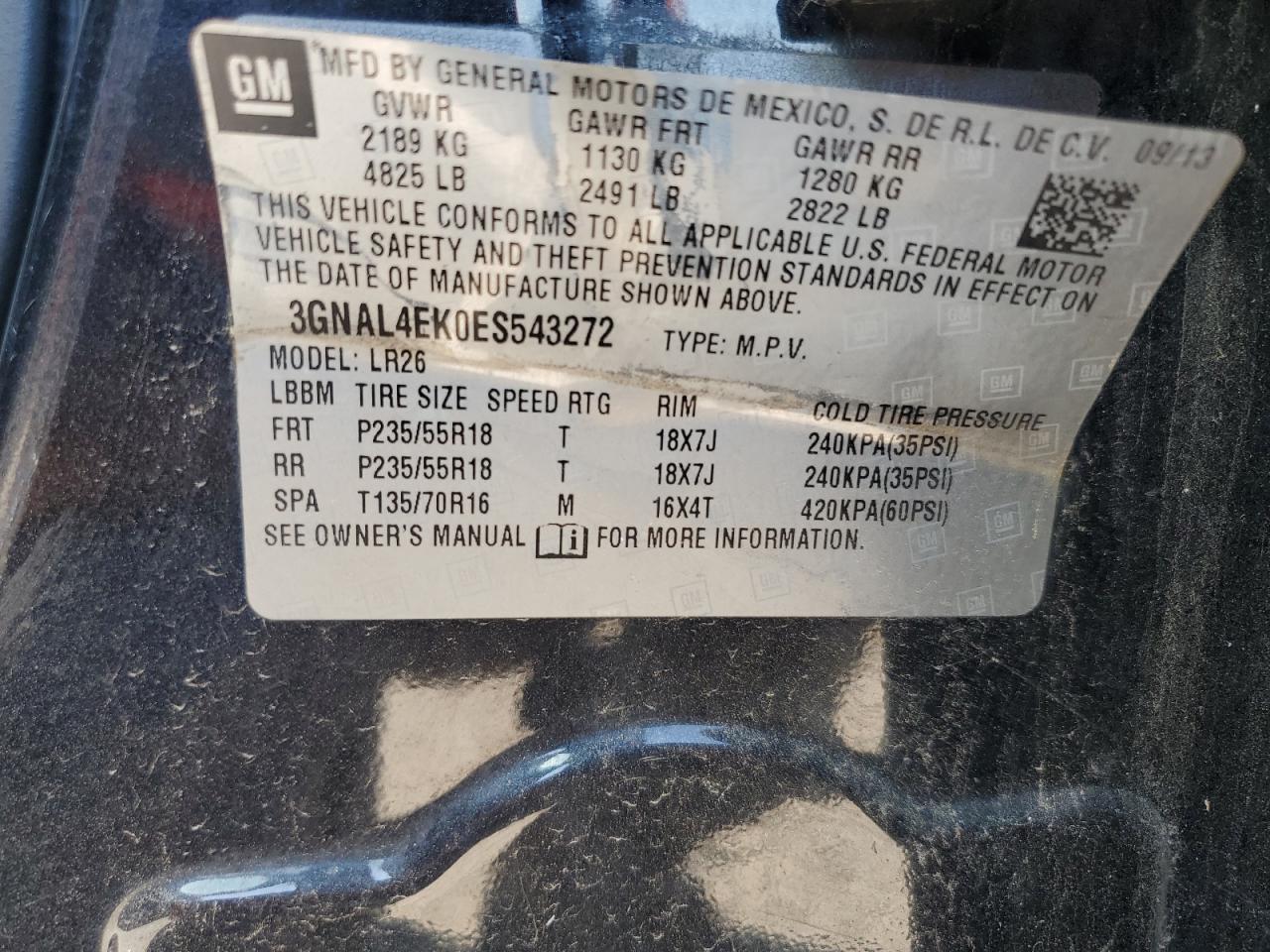 2014 Chevrolet Captiva Ltz VIN: 3GNAL4EK0ES543272 Lot: 62687445