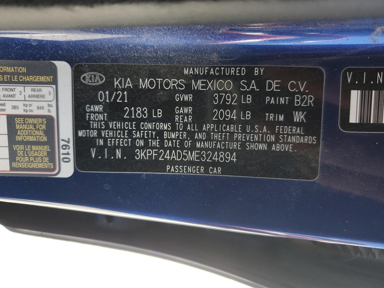 2021 Kia Forte Fe VIN: 3KPF24AD5ME324894 Lot: 62775755