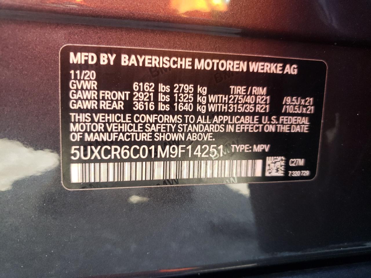 2021 BMW X5 xDrive40I VIN: 5UXCR6C01M9F14251 Lot: 61795615