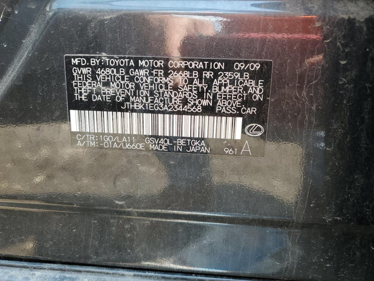 2010 Lexus Es 350 VIN: JTHBK1EG3A2344568 Lot: 61569975