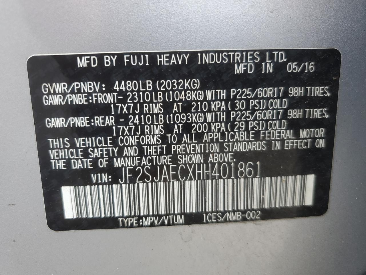 2017 Subaru Forester 2.5I Premium VIN: JF2SJAECXHH401861 Lot: 62258555