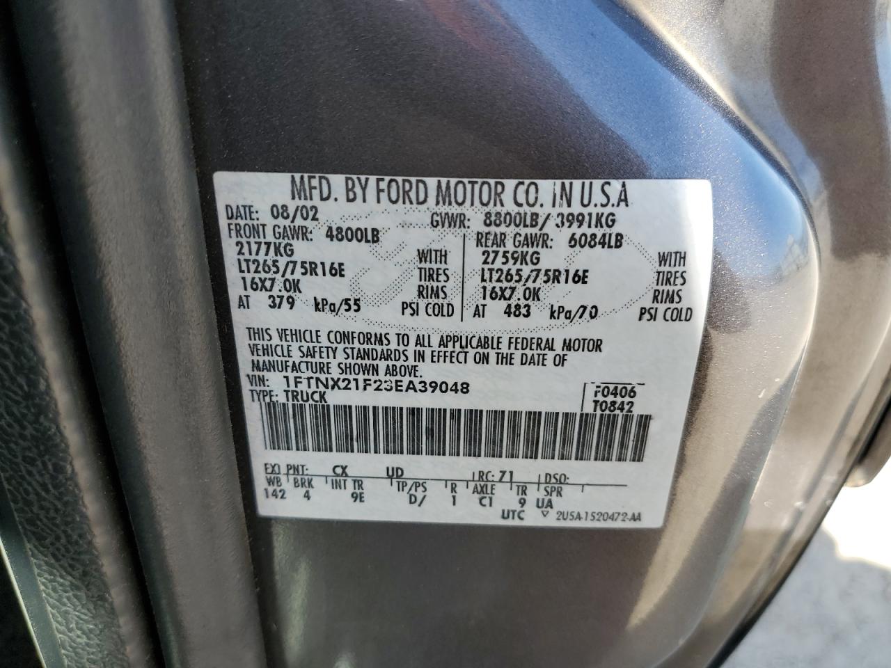 FORD F250 2003 VIN 1FTNX21F23EA39048 photo 12