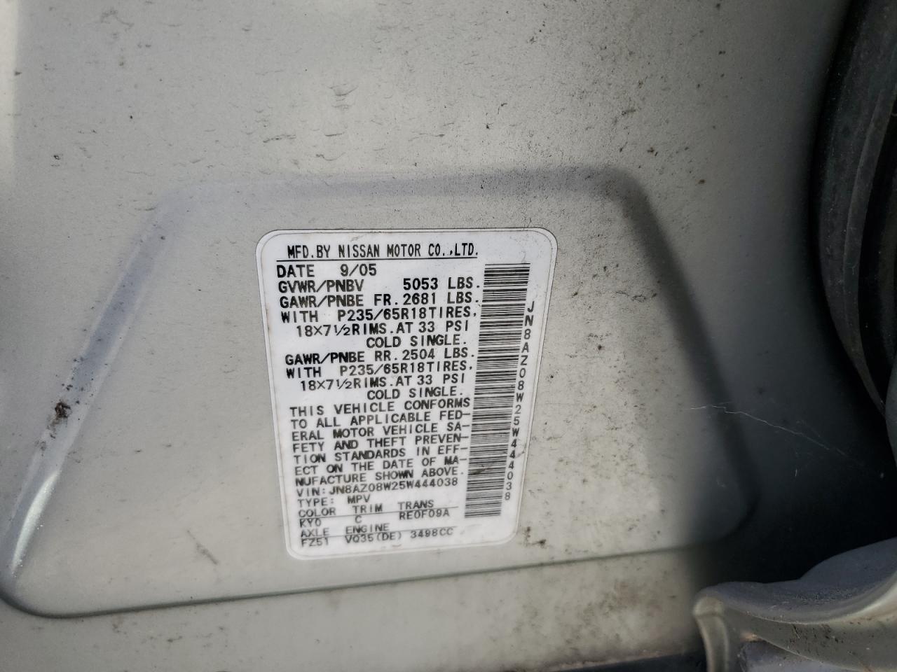2005 Nissan Murano Sl VIN: JN8AZ08W25W444038 Lot: 61986295
